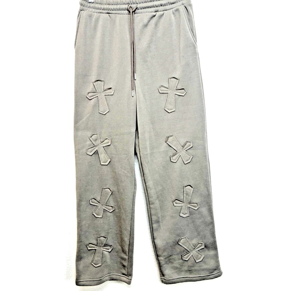 SugarKiss Wide Leg High Rise‎ Sunday Sweatpants Y2K Cross Appliqué Grey Chrome L